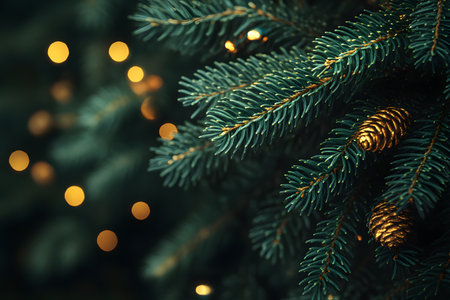 Holiday-themed close-up of a christmas tree adorned with golden pine cones and illuminated by warm bokeh lights, festive seasonal decor perfect for greeting cards, posters, or seasonal design projects. Generative AIの素材