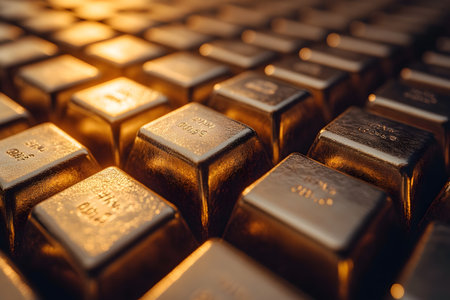 A dynamic arrangement of golden bars reflecting warm light, symbolizing financial wealth and investment. the image highlights luxury and stability through its rich golden hues and symmetrical alignment. Generative AIの素材
