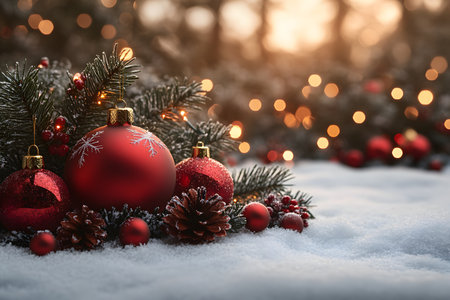 Red christmas baubles and glistening pine cones rest on a snowy surface, surrounded by evergreen branches. soft, warm bokeh lights create a festive ambiance, embodying the spirit of holiday decoration and winter celebration. Generative AIの素材