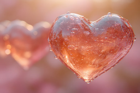 Heart-shaped ice sculptures glisten with dewdrops as they bask in the soft golden light of a sunrise. the intricate details and warm hues create a romantic atmosphere, ideal for themes of love, romance, or valentine's day. Generative AIの素材