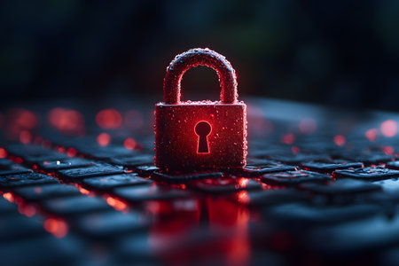 Red padlock sitting on a wet keyboard, themes of cybersecurity and data protection. the scene, filled with dramatic lighting and reflections, symbolizes digital security and online privacy in a tech-focused world. Generative AIの素材
