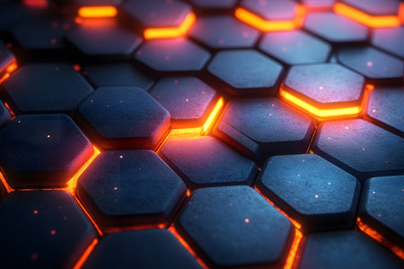 A visually striking abstract design featuring hexagonal shapes with glowing orange edges against a dark, textured background. this futuristic pattern is ideal for digital art, technology-themed projects, and modern design concepts. Generative AIの素材