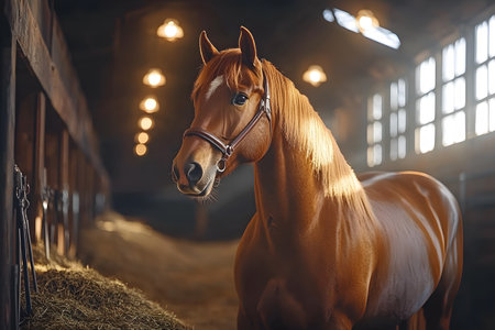 A striking chestnut horse stands in a warmly lit stable, its coat gleaming under the soft glow of overhead lights. sunlight filters through large windows, the serene ambiance of the equestrian setting. Generative AIの素材