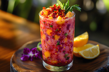 A vibrant and refreshing tropical fruit drink served in a glass, topped with finely chopped fruits and herbs. a wedge of lemon and an orange slice accompany the drink, set against a warm, blurred background, enhancing its appeal as a summer beverage. Generative AIの素材