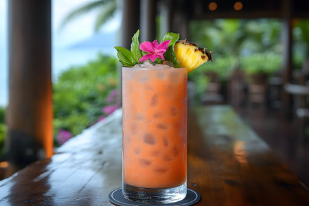 A colorful tropical drink featuring a refreshing blend with a pineapple slice and pink flower garnish. served in a tall glass, it sits on a wooden table, evoking a serene beachside vibe with blurred greenery and ocean in the backdrop. Generative AIの素材