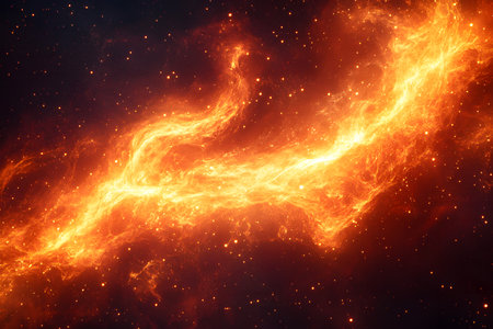 Stunning depiction of a glowing nebula set against a dark, star-filled backdrop. fiery orange and red hues create a striking visual contrast, capturing the mesmerizing beauty and vastness of the cosmic landscape. Generative AIの素材