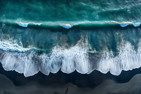 A stunning aerial perspective of ocean waves crashing onto a sandy beach, showcasing the dynamic interplay of turquoise water with white foam. ideal for coastal-themed designs or as a serene nature poster. Generative AIの素材