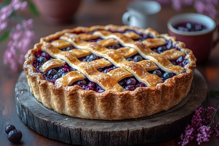 A freshly baked blueberry and cherry pie with a golden lattice crust sits on a rustic wooden board. the pie is surrounded by blurred pink flowers and ceramic cups, emphasizing a cozy, homemade atmosphere perfect for dessert imagery. Generative AIの素材
