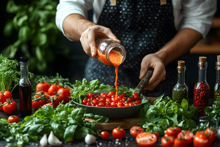 A chef expertly pours homemade tomato sauce over a vibrant array of fresh vegetables including tomatoes, basil, and garlic. the rustic kitchen setting features jars of spices and herbs, suggesting an emphasis on organic, gourmet cooking. Generative AIの素材