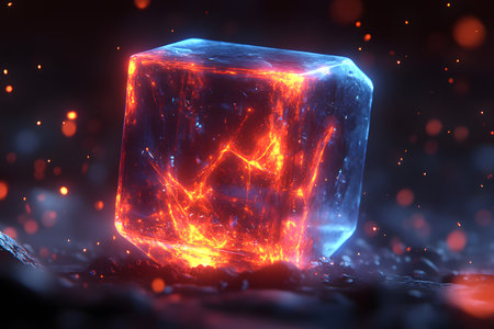 A glowing ice cube with fiery interior contrasts against a dark background, creating a surreal and elemental visual. perfect for themes of contrast, fantasy, or energy in graphic design and art projects. Generative AIの素材