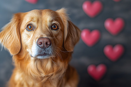 Golden-haired dog with a close-up focus against a backdrop of red heart shapes. soft lighting emphasizes the dog's expressive eyes, encapsulating themes of love, companionship, and affection. Generative AIの素材