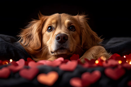 A captivating portrait of a golden retriever lying on a dark surface, surrounded by red heart decorations and soft glowing lights. the scene evokes warmth and affection, ideal for valentine's day themed designs or pet love concepts. Generative AIの素材