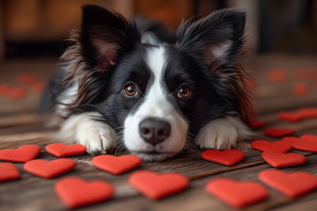 A border collie rests on a wooden floor amidst scattered red heart shapes. the scene evokes themes of love, loyalty, and companionship, perfect for valentine's projects or pet-themed designs. Generative AIの素材