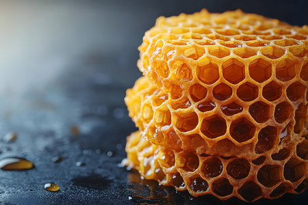 Close-up of a stack of vibrant golden honeycomb pieces on a dark background, showcasing the intricate hexagonal pattern and glistening honey. ideal for themes of natural sweetness, organic food, and beekeeping. Generative AIの素材