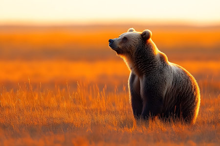 A majestic grizzly bear stands in a sunlit autumn meadow, its fur glowing against the golden hues of the sunset. capturing the serene and wild essence of nature, perfect for wildlife enthusiasts and nature-themed decor. Generative AIの素材