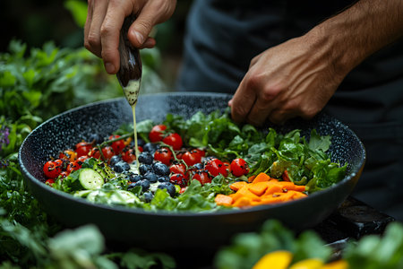 Close-up of a person adding dressing to a vibrant garden salad with diverse ingredients. the mix includes leafy greens, cherry tomatoes, blueberries, cucumber slices, and carrot pieces, showcasing a balance of colors and textures perfect for healthy living enthusiasts. Generative AIの素材