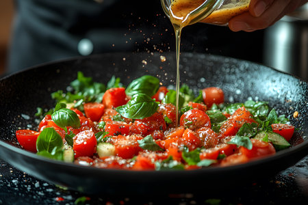 A chef pours olive oil over a vibrant salad featuring fresh cherry tomatoes, basil leaves, and greens in a dark bowl. the scene emphasizes the freshness and gourmet quality of the ingredients, ideal for culinary design and recipe visuals. Generative AIの素材