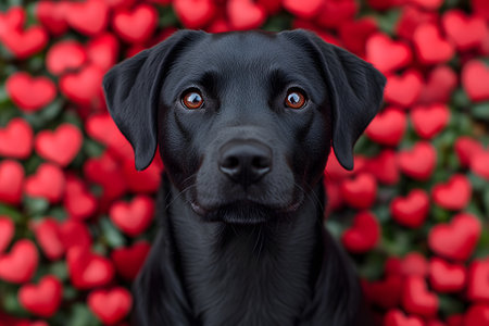Black labrador retriever sits against a vibrant backdrop of red hearts, creating a striking and festive scene. perfect for valentine's designs, pet-themed projects, and expressing love and affection. Generative AIの素材