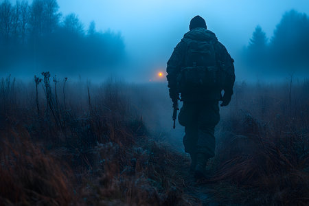 Soldier walking through a misty forest at dawn, with a mysterious ambiance. the silhouette stands against the blue haze, creating a sense of adventure and intrigue. ideal for use in dramatic or adventurous themes. Generative AIの素材