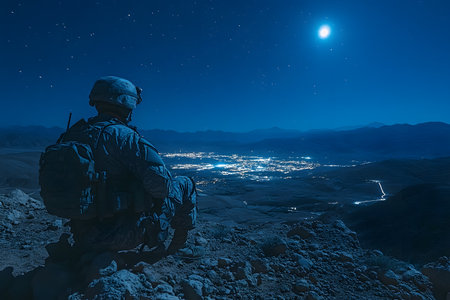 A soldier in full gear observes a cityscape from a rocky elevation under a starry sky. the city glows with lights, contrasting against the serene night backdrop. the scene embodies vigilance, tranquility, and strategic surveillance. Generative AIの素材