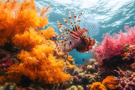 A striking lionfish glides gracefully among vivid orange and red coral in a thriving marine reef. this underwater scene beauty and diversity of ocean ecosystems, the intricate patterns and vibrant colors of marine life. Generative AIの素材