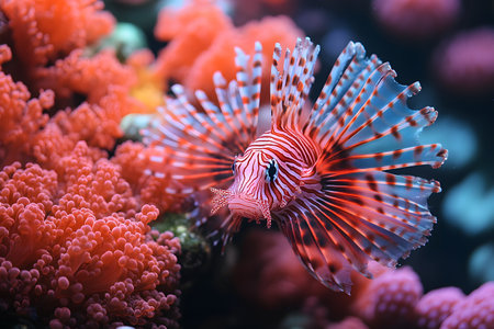 Lionfish with striking red and white stripes swims gracefully through vibrant coral reefs. the captivating interplay of textures and colors diverse beauty of marine life in an underwater habitat. Generative AIの素材