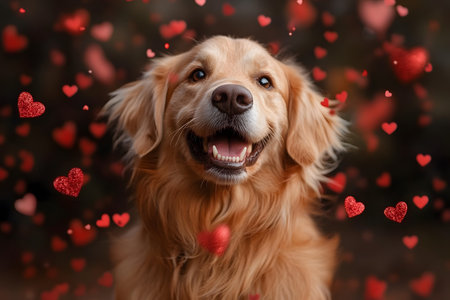 A joyful golden retriever with a shiny coat is surrounded by a burst of red hearts floating in the air, creating a warm and loving atmosphere ideal for romantic and valentine's day themed designs. Generative AIの素材