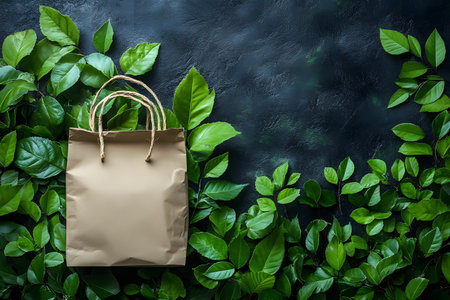 Brown paper shopping bag with jute handles surrounded by lush green leaves on a textured dark background, symbolizing eco-friendly and sustainable shopping practices. perfect for environmental and nature-themed designs. Generative AIの素材