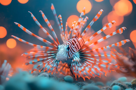 A captivating underwater scene featuring a striking lionfish with vividly striped fins against a vibrant bokeh background. the glowing lights and rich colors create an enchanting marine environment, ideal for nature-themed decor. Generative AIの素材