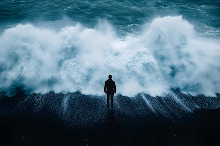 Solitary figure standing before crashing ocean waves on a pebbled beach. the dramatic scene highlights the contrasting power of the sea and the calmness of human contemplation, evoking themes of solitude and introspection. Generative AIの素材