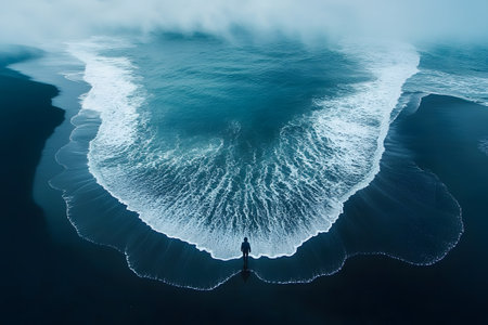 A lone figure stands at the edge of a vast, misty ocean, creating a striking contrast against dark sand. the scene conveys solitude, introspection, and the powerful meeting of earth and water under a hazy sky. Generative AIの素材