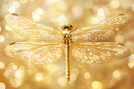 Golden dragonfly with intricate shimmering wings set against a glittering bokeh background. ideal for nature-inspired design, art prints, and decor themes, symbolizing transformation and beauty. Generative AIの素材
