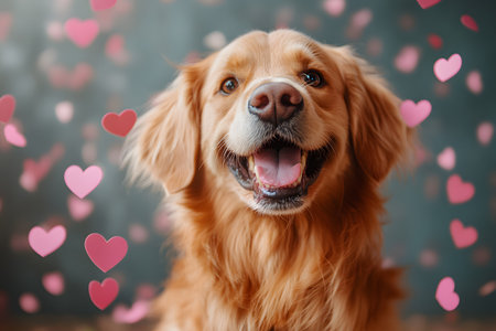 Golden retriever surrounded by floating pink hearts, evoking warmth and affection. ideal for illustrating themes of love and companionship, perfect for valentine's day cards, posters, or pet-related promotions. Generative AIの素材