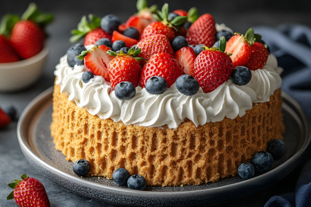 A beautifully crafted cake topped with fresh strawberries and blueberries, sitting on a dark plate. the cake features white whipped cream and a textured golden-brown surface, evoking summer celebration and dessert inspiration. Generative AIの素材