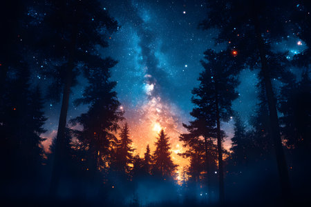 A breathtaking view of a forest at night, silhouetted against a vibrant backdrop of the milky way. towering trees frame the scene, which features a dazzling array of stars and vivid celestial colors, creating a magical and serene atmosphere. Generative AIの素材
