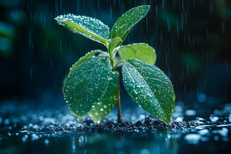 Vibrant young plant thriving in gentle rain, symbolizing growth and renewal. close-up view highlights water droplets on lush green leaves, emphasizing freshness and the nurturing power of nature. Generative AIの素材