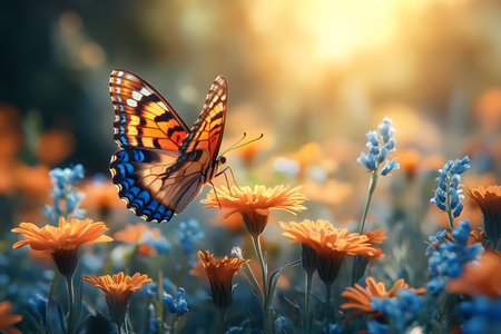 A stunning butterfly graces a wildflower meadow, basking in the golden hour light. bright orange petals contrast with the butterfly's vivid wings, creating a serene and picturesque nature scene perfect for tranquil themes. Generative AIの素材