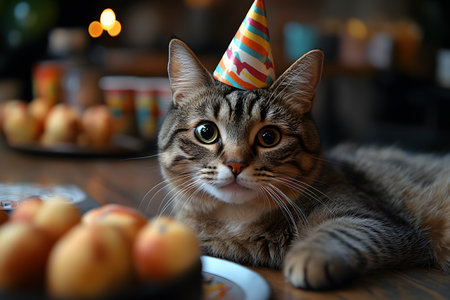 A curious tabby cat wears a colorful party hat, surrounded by a festive setting with a cake topped with peaches. the warm lighting and elegant decor create a joyful atmosphere perfect for celebrations and greetings. Generative AIの素材
