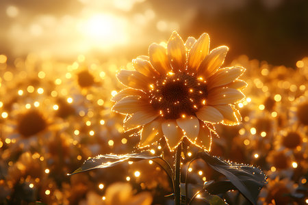 A glowing sunflower stands prominently in a sunlit field, surrounded by a sea of sunflowers. the golden hues of the sunset create a warm and serene ambiance, nature's beauty. ideal for print or poster. Generative AIの素材