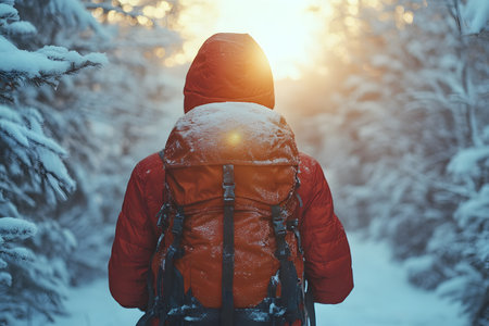A solo hiker wearing a red jacket and large backpack ventures through a serene, snow-covered forest. the sun rises through the trees, creating a warm glow on the snowy landscape, symbolizing exploration and winter adventure. Generative AIの素材