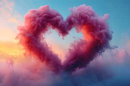 Heart-shaped colorful smoke formations depict themes of love and romance against a dramatic sky. the vibrant blend of colors creates a stunning visual, ideal for creative projects, artistic backgrounds, and romantic-themed designs. Generative AIの素材