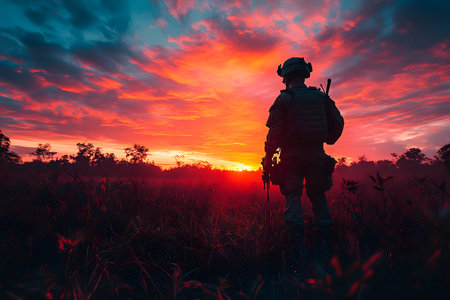 A soldier stands silhouetted against a vibrant sunset, set within an expansive field. the striking colors of the sky create a contrasting backdrop, conveying themes of solitude, bravery, and nature's beauty. Generative AIの素材