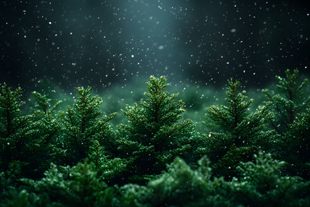 Snow gently falls over a serene forest of evergreen trees, creating a tranquil and festive atmosphere. soft light illuminates the lush green branches, making it ideal for holiday-themed designs or nature-inspired decor. Generative AIの素材