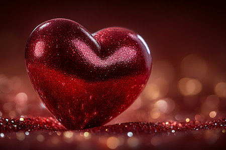 Shimmering red heart against a warm bokeh background symbolizes love and romance. the glittery texture and soft lighting make it ideal for valentine's day designs, romantic cards, posters, or themed decorations. Generative AIの素材