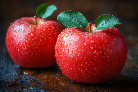 Two vibrant red apples with fresh green leaves are covered in glistening water droplets, placed on a wooden surface. perfect for food and beverage designs, emphasizing freshness and nutrition. Generative AIの素材