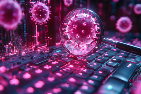 A magnified virus hovers over a computer circuit board, symbolizing the threat of digital viruses and cybersecurity challenges. pink glow highlights intricate details, merging biological and technological elements. Generative AIの素材