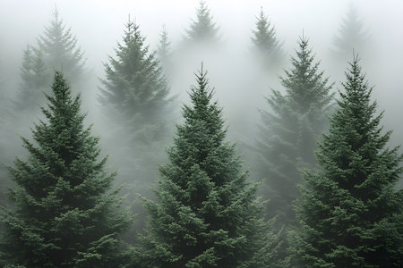 Mist envelops a dense forest of evergreen trees, creating a tranquil and atmospheric landscape. the lush greenery contrasts with the soft, diffused light of the fog, enhancing the serene and mysterious ambiance. Generative AIの素材