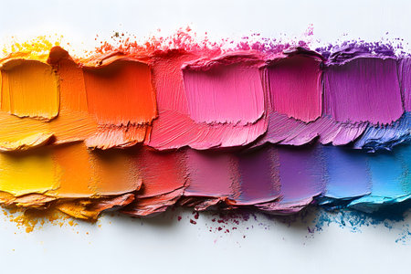 A dynamic display of thick, vividly colored brush strokes in a gradient rainbow palette. the textured paint spread on a white canvas creates a lively and inspiring visual perfect for artistic and design purposes. Generative AIの素材