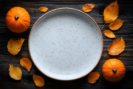 Empty white speckled ceramic plate surrounded by vibrant orange pumpkins and fall leaves on rustic wooden background, ideal for autumn decorations, thanksgiving table settings, or seasonal culinary presentations. Generative AIの素材