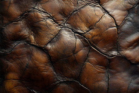 Detailed view of rustic brown leather showcasing its rich texture and natural patterns. ideal for design and craft projects, the intricacies of leatherwork and material craftsmanship. Generative AIの素材